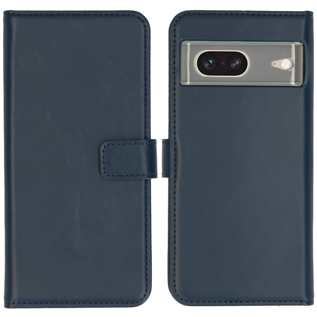 Een donkerblauwe telefoonhoes open, met de camera van de telefoon en een gesloten zijkant. De hoes heeft een magnetische sluiting.