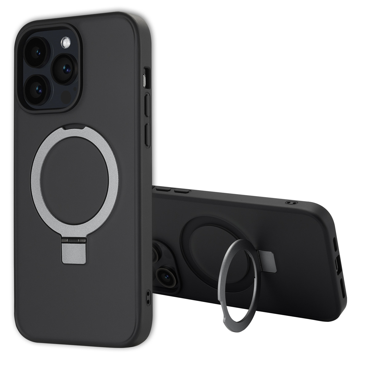 Twee zwarte iPhone-hoesjes met ringhouders. Eén staat rechtop, de andere ligt. Beide hebben zilveren ringhouders.