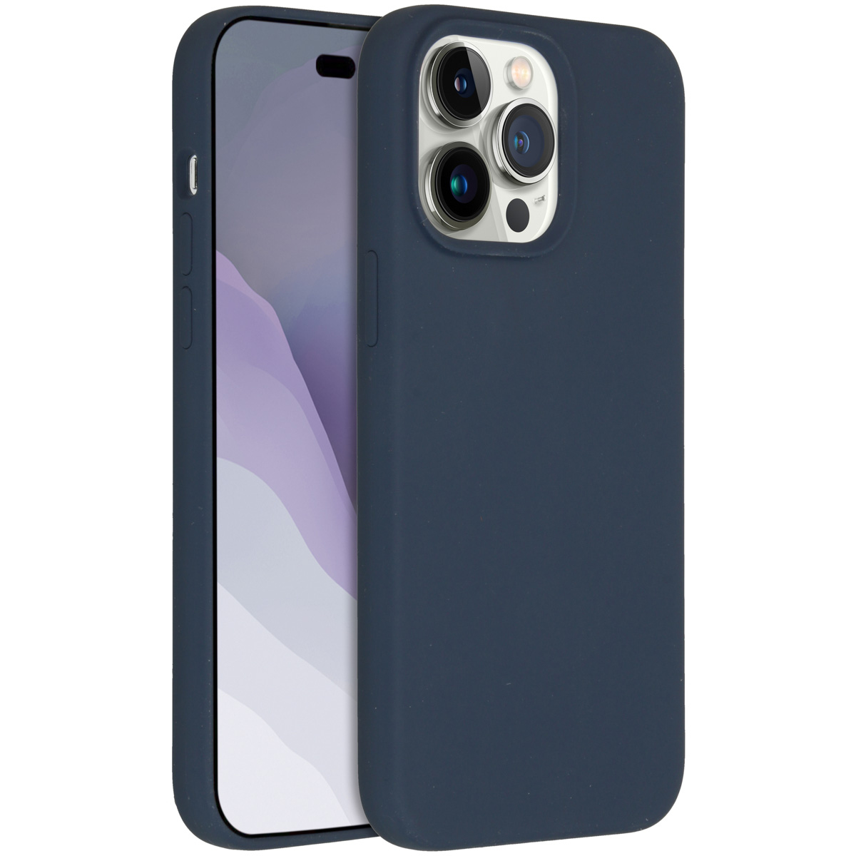 Een donkerblauwe telefoonhoes naast een telefoon met een lichtpaarse achtergrond. De hoes heeft uitsparingen voor de camera.