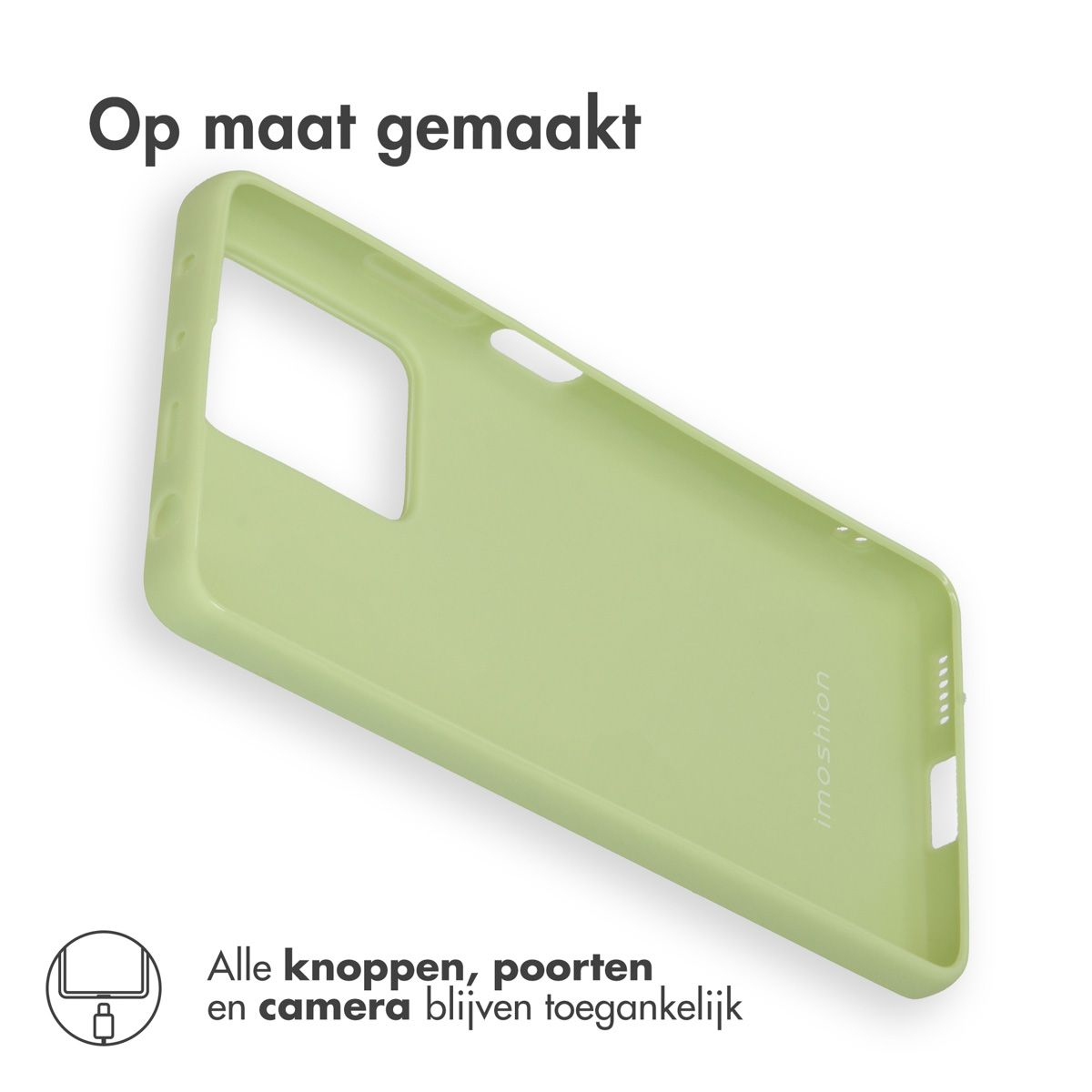 Een lichtgroene telefoonhoes wordt getoond op een witte ondergrond. Tekst: 'Op maat gemaakt'. De hoes heeft uitsparingen voor knoppen en camera.