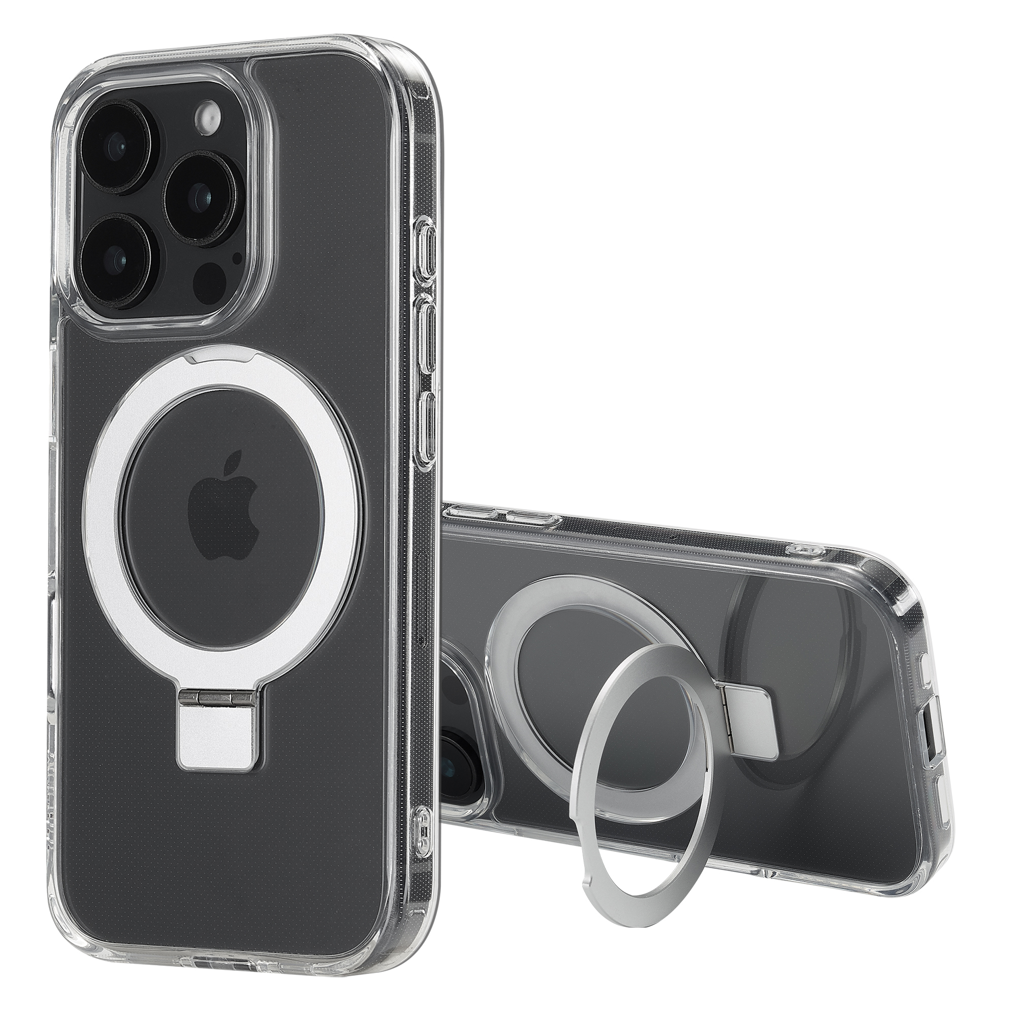 Custodia trasparente per iPhone con supporto ad anello argentato, mostra fotocamera e logo Apple su sfondo bianco.