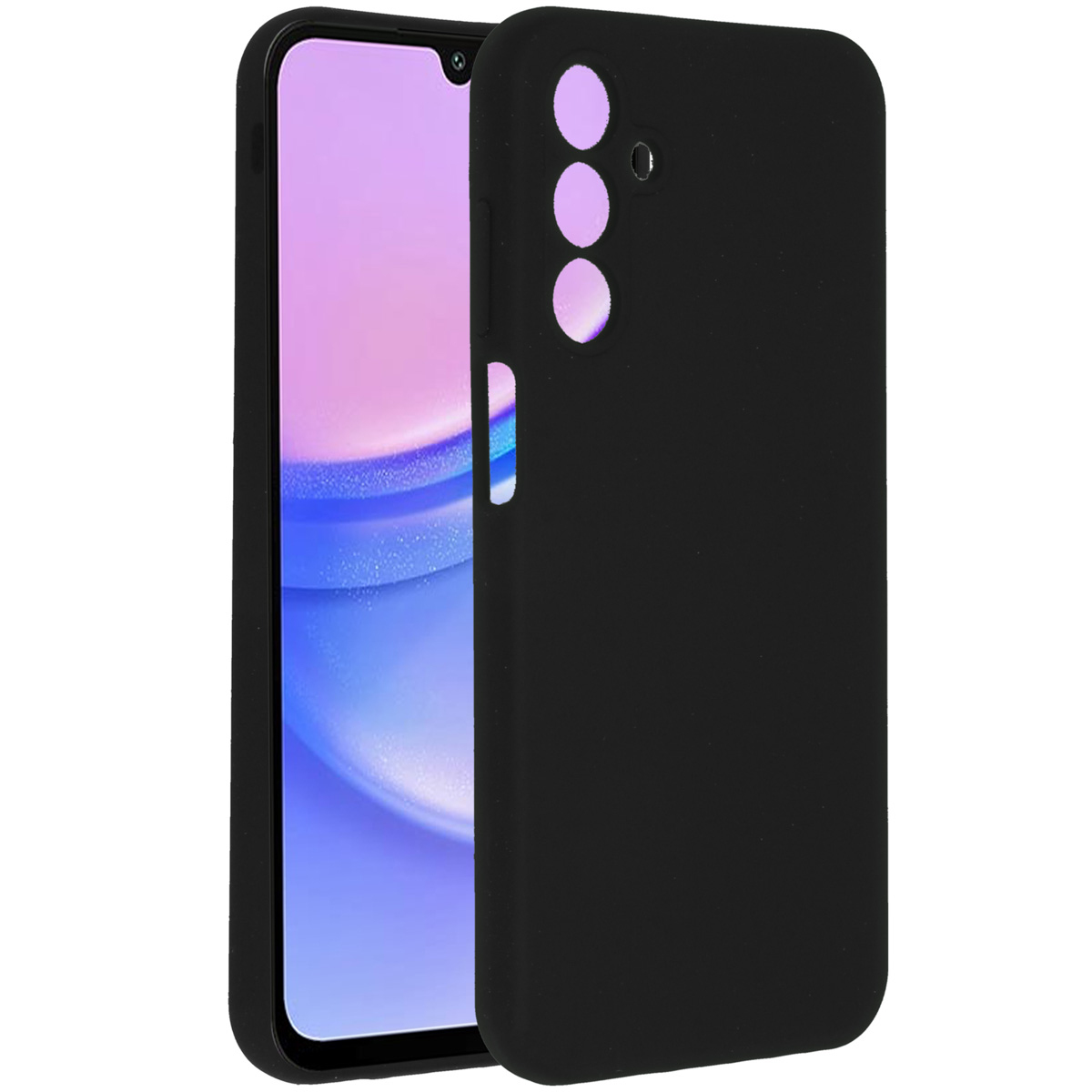 Een zwarte telefoonhoes met een telefoon erin. De telefoon heeft een roze en blauw scherm. De hoes heeft cameragaten.