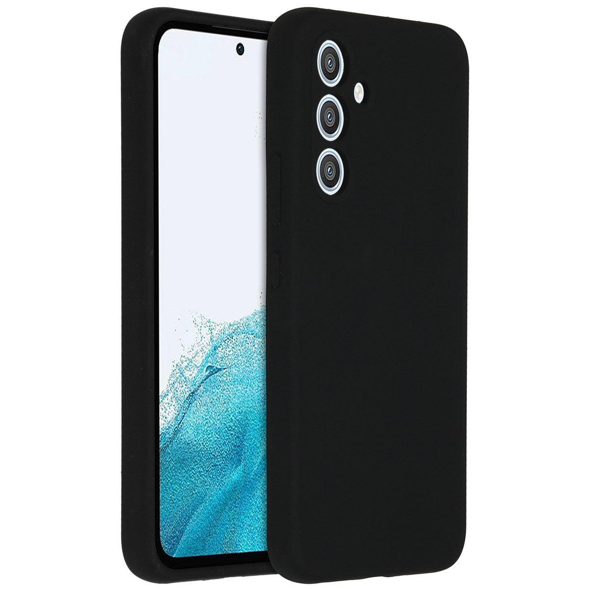 Une coque de téléphone noire avec un téléphone. Le téléphone a un écran blanc. L'étui a trois objectifs de caméra.