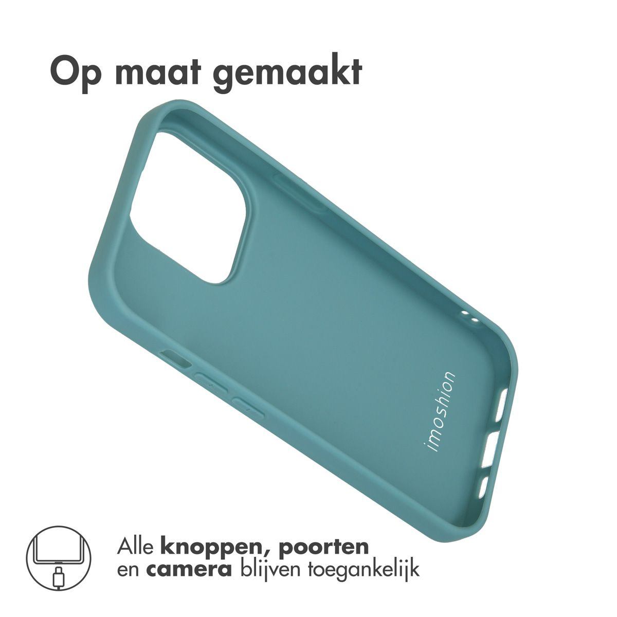 Un étui de téléphone bleu-vert est affiché sur fond blanc. Texte en néerlandais : 'Op maat gemaakt' et 'Alle knoppen, poorten en camera blijven toegankelijk'.