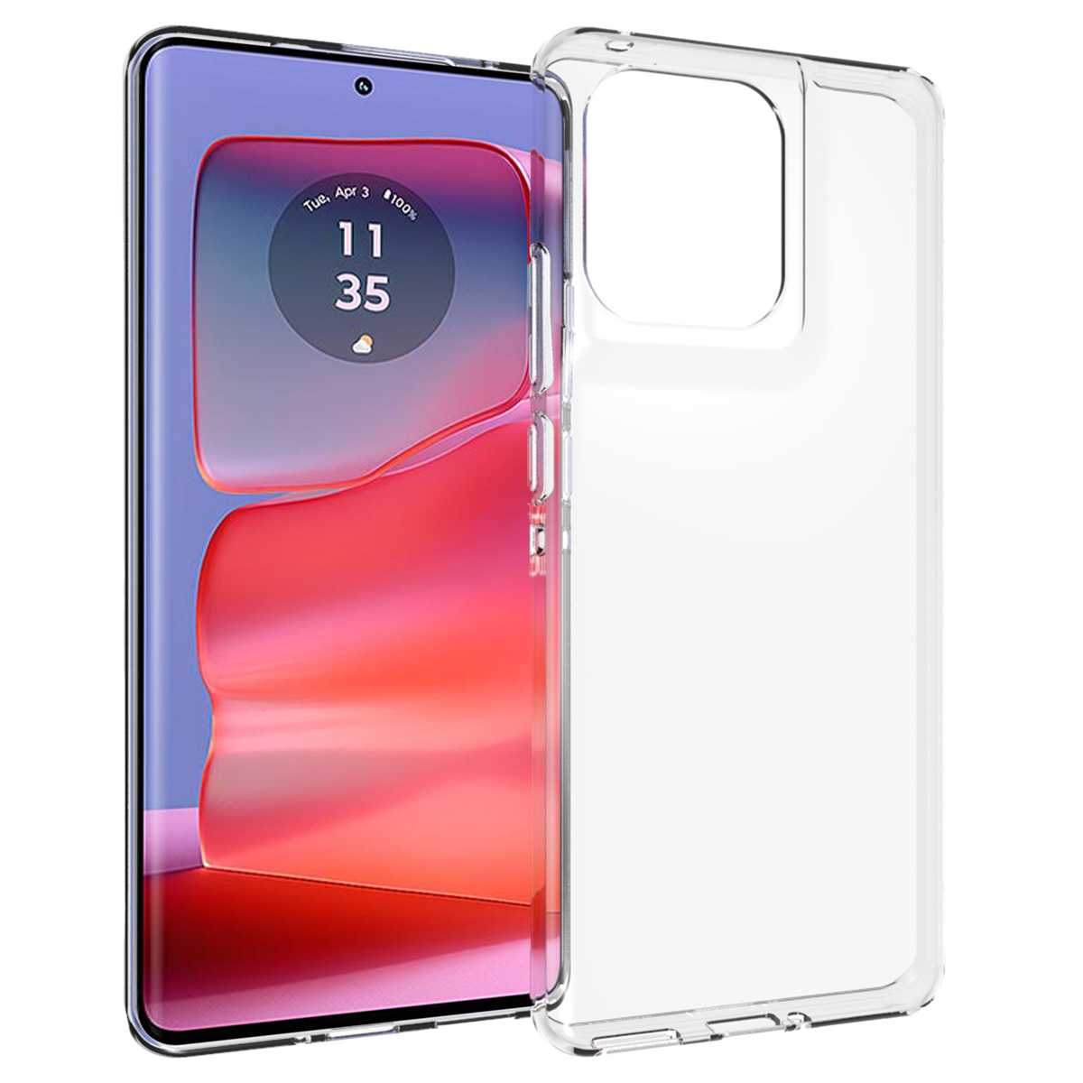 Ein Smartphone mit einer durchsichtigen Schutzhülle. Der Bildschirm zeigt ein farbenfrohes Hintergrundbild und die Uhrzeit. Die Hülle ist transparent.