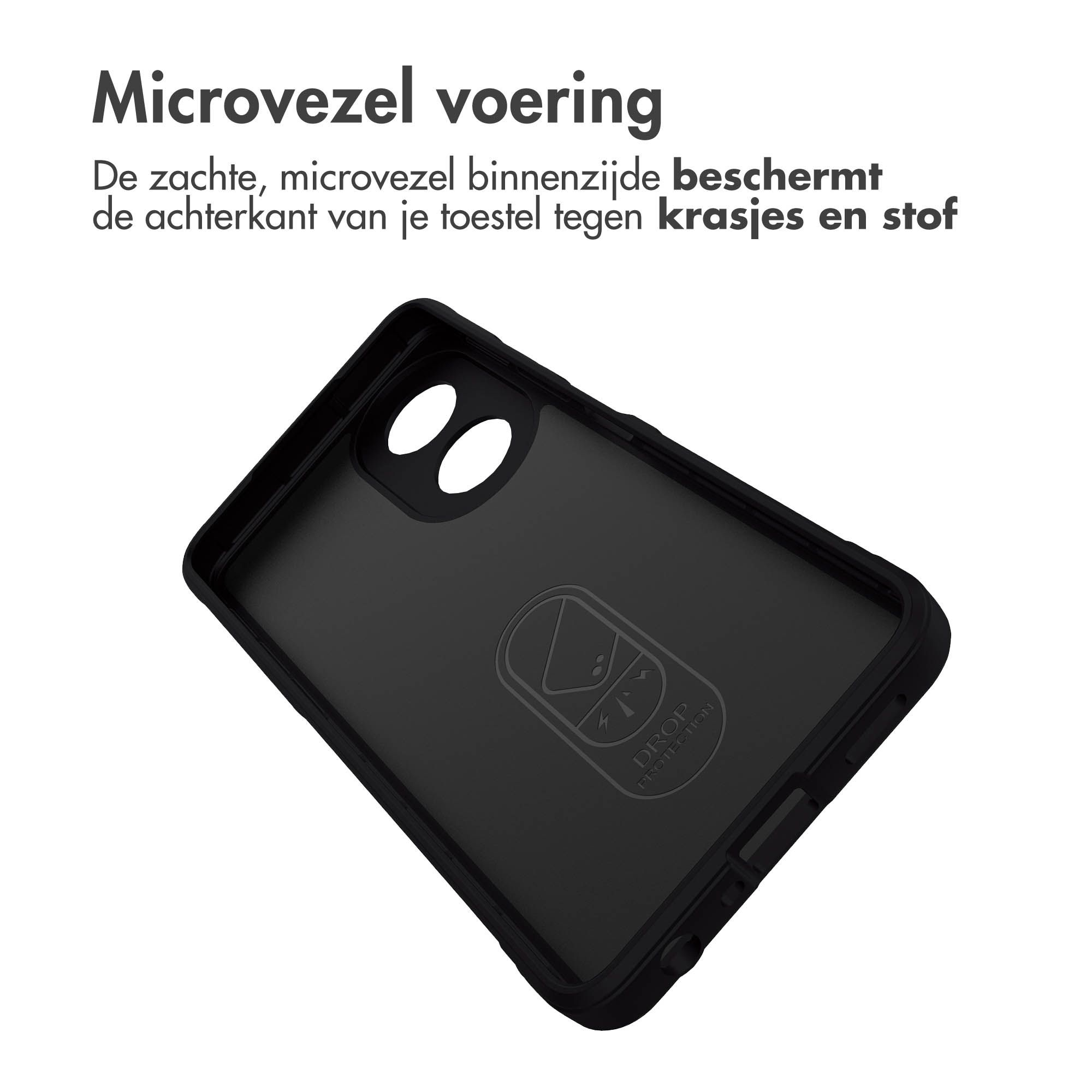 Zwarte telefoonhoes binnenkant. Het heeft twee camera-uitsparingen en een logo. De tekst bovenaan zegt 'Microvezel voering'.