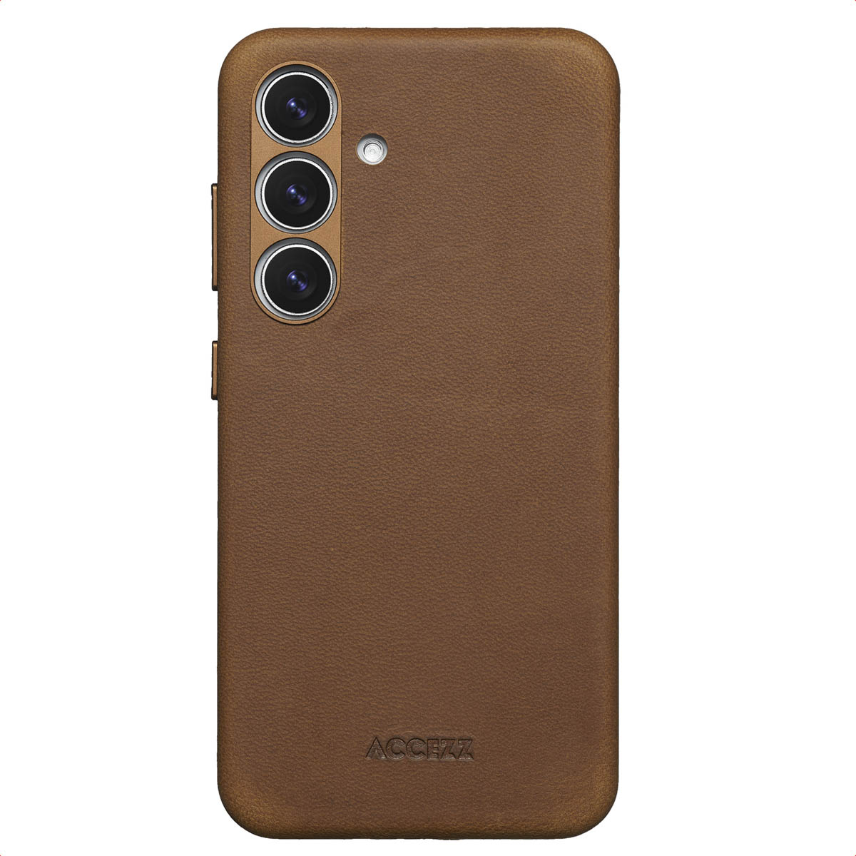 Un étui de téléphone en cuir marron. Trois objectifs de caméra sont visibles en haut à gauche. La marque ACCEZZ est en bas.