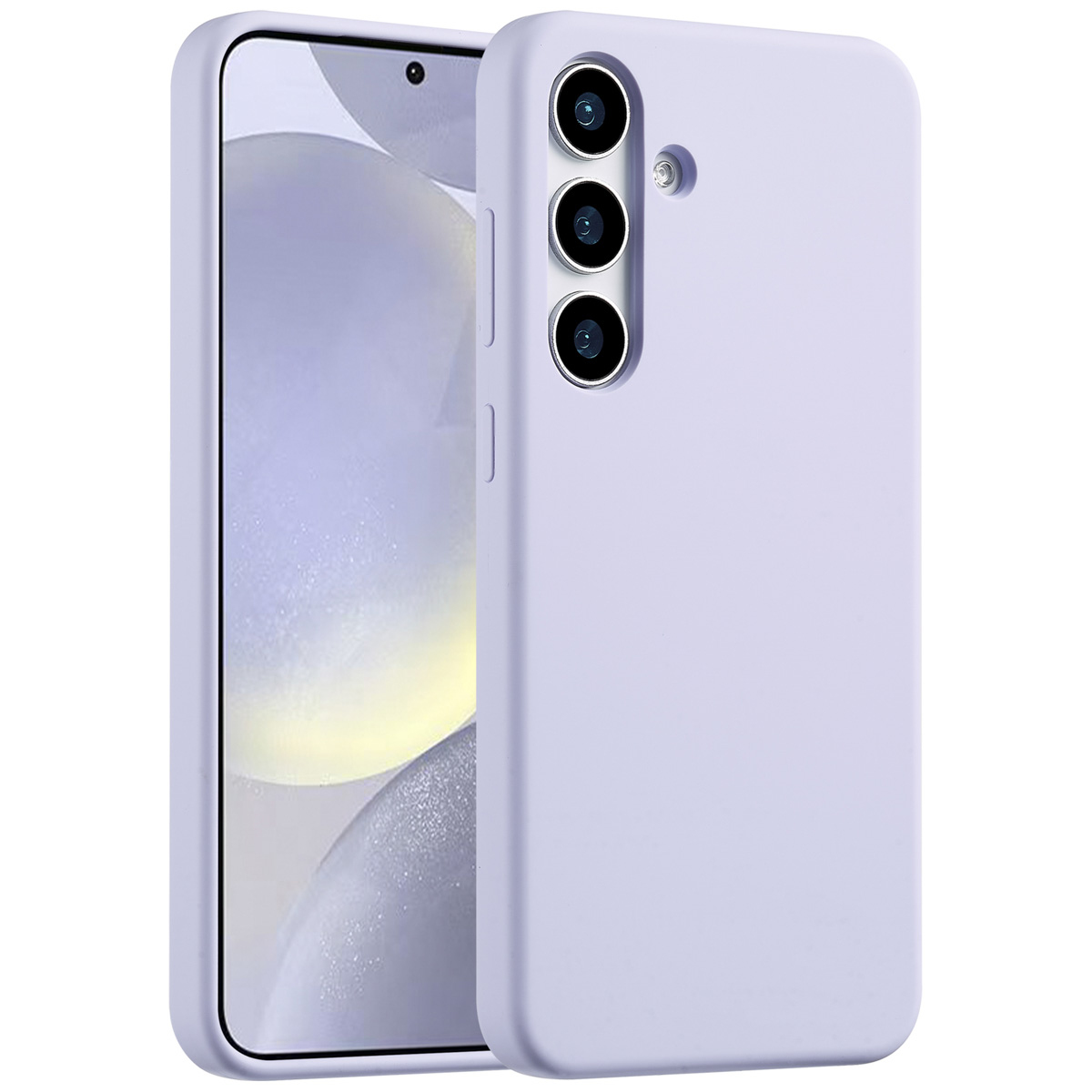 Een lavendelkleurige telefoonhoes naast een telefoon met scherm. De hoes heeft drie cameralenzen en een flitser.