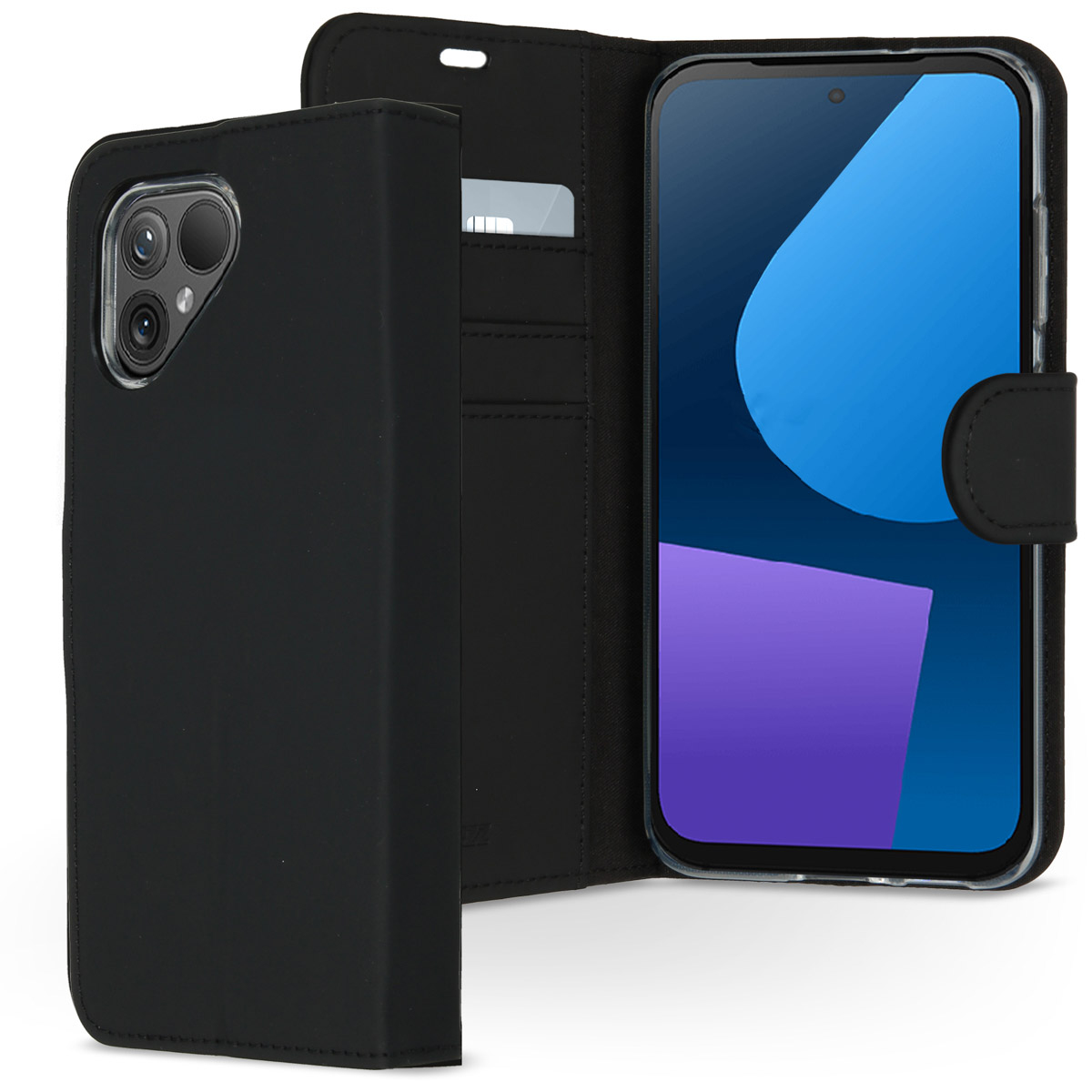 Custodia nera con telefono. Il telefono ha uno schermo sfumato blu e viola. Una carta è visibile all'interno della custodia.