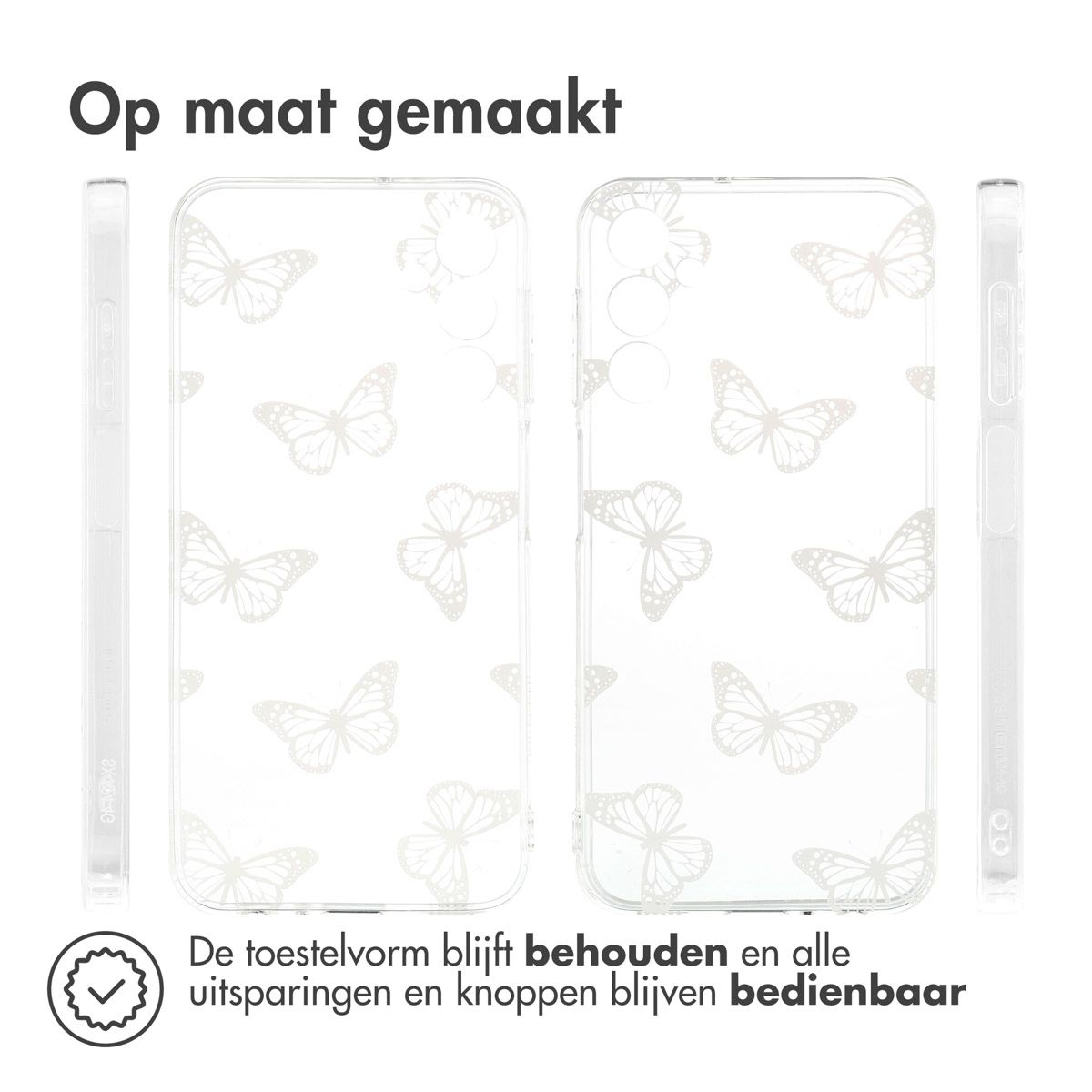 Coque de téléphone transparente avec motifs papillons et fleurs. Texte : 'Op maat gemaakt' et 'De toestel...bedienbaar'.