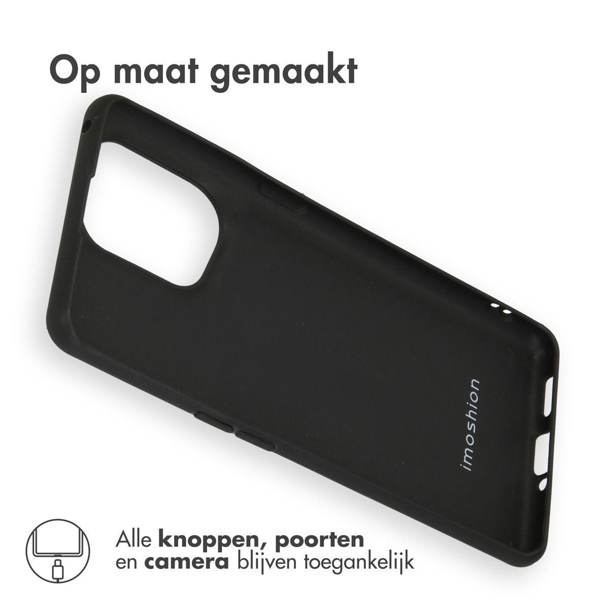 Eine schwarze Handyhülle liegt schräg auf einer weißen Oberfläche. Darüber steht Text: 'Op maat gemaakt'. Es hat einen Handy-Umriss.