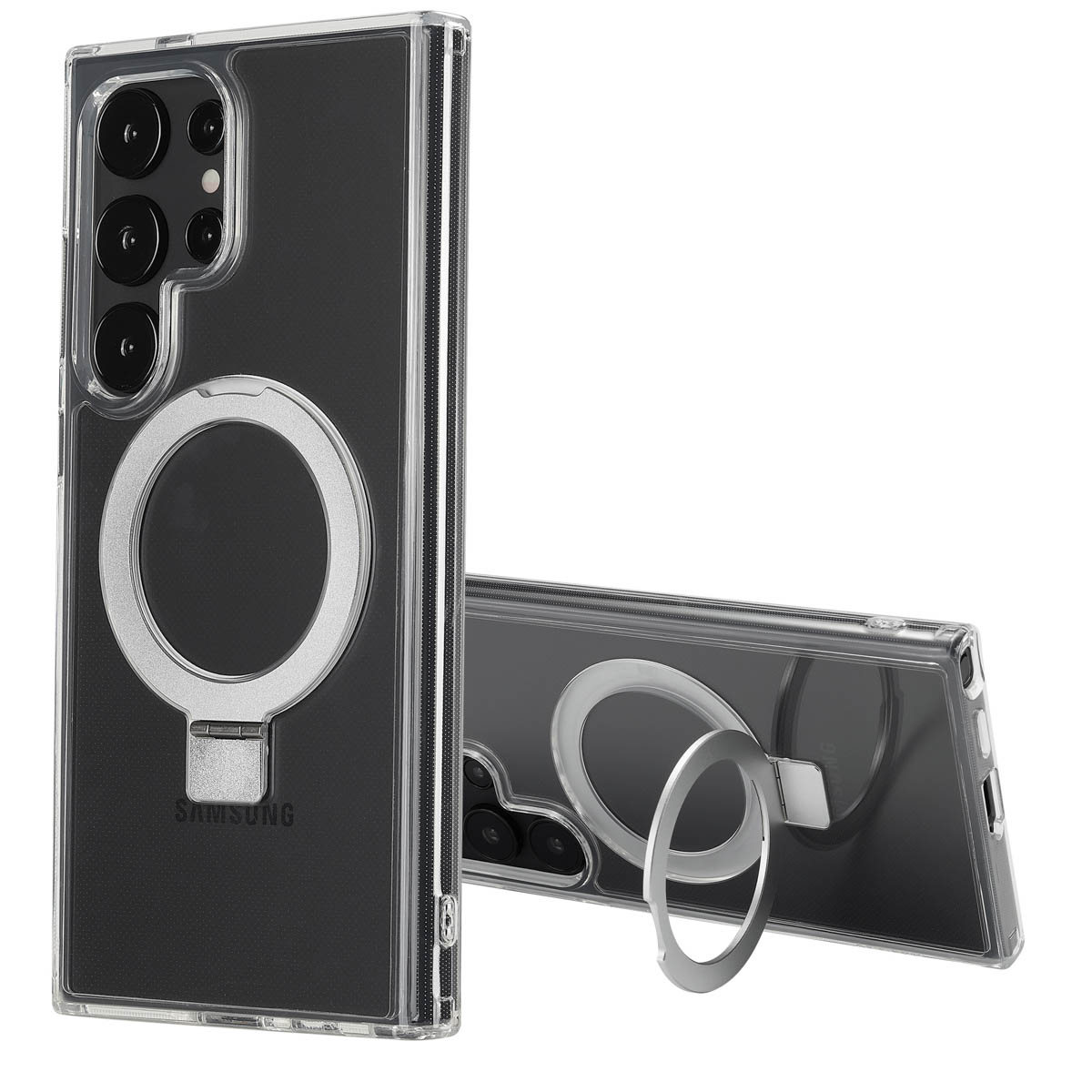 Transparante telefoonhoes met zilveren ringstandaard. Samsung-logo zichtbaar. Cameralenzen van de telefoon zichtbaar.