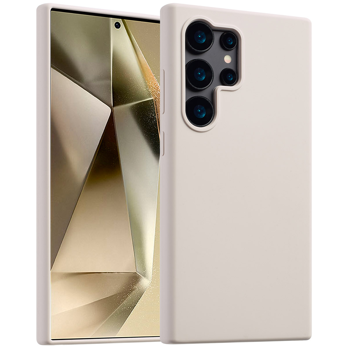 Eine beigefarbene Handyhülle mit mehreren Kameralinsen wird gezeigt. Der Bildschirm zeigt ein reflektierendes, geometrisches Design.