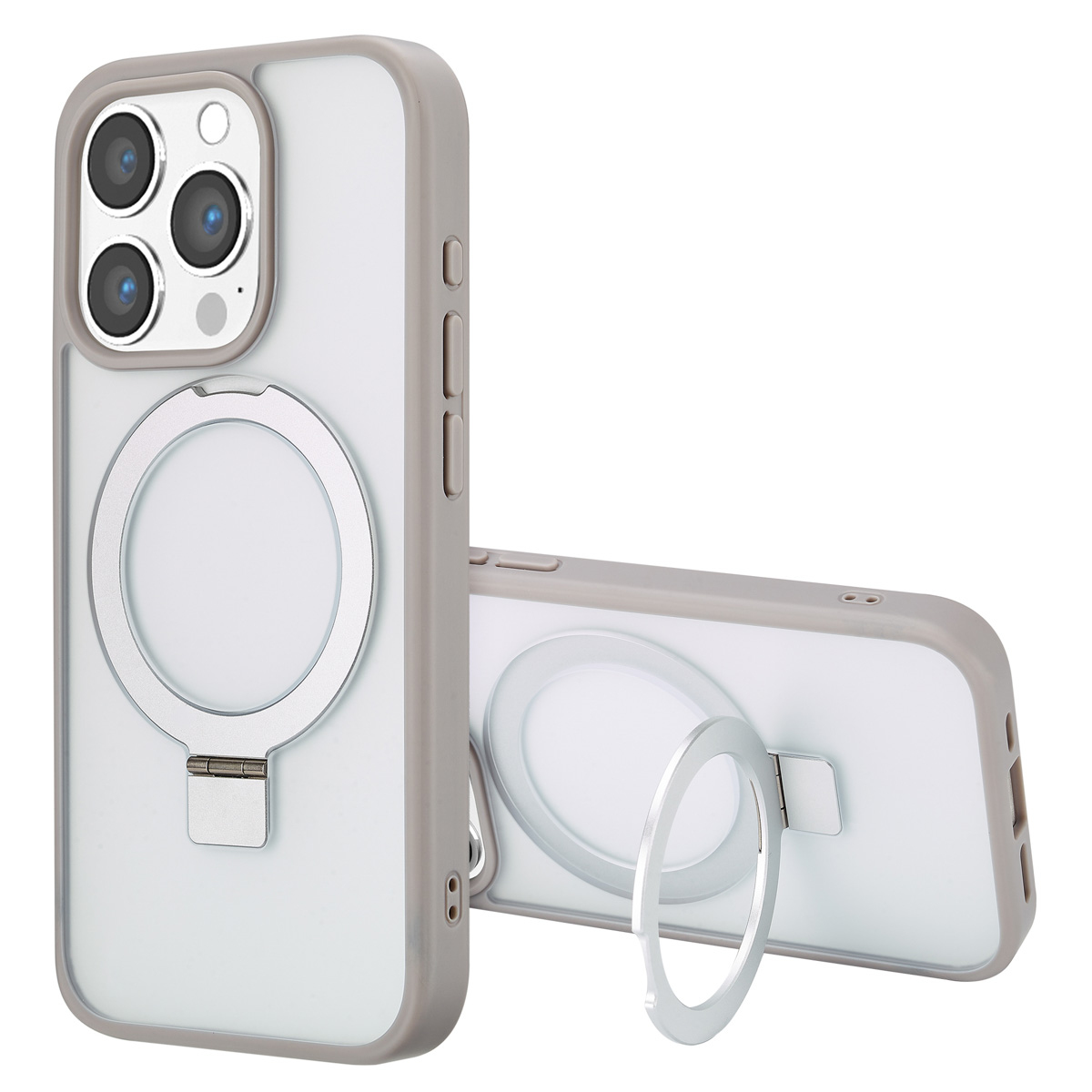Twee telefoonhoesjes. Eén staat rechtop, de andere ligt. Beide hebben een doorzichtige achterkant en een grijze rand, met een zilveren ring.