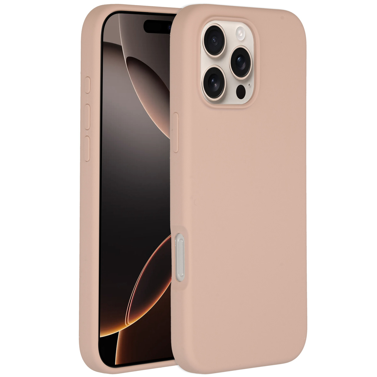 Een smartphone in een perzikkleurige hoes. De telefoon is gedeeltelijk zichtbaar en toont het scherm en de camera.