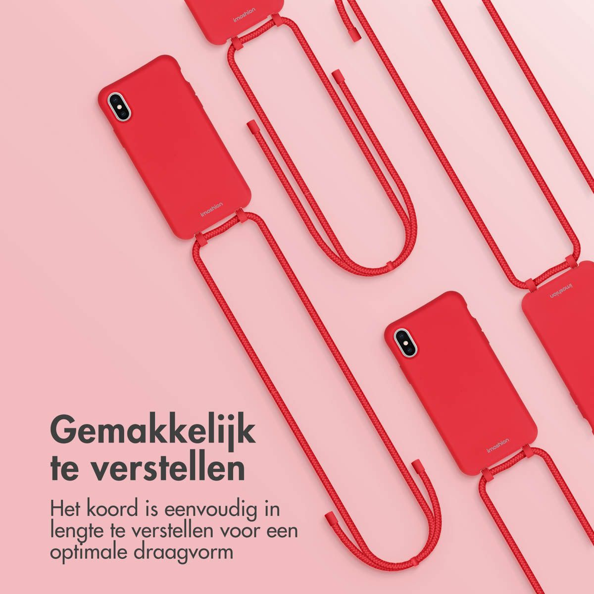 Étuis de téléphone rouges avec cordons réglables sur fond rose. Texte néerlandais promouvant un réglage facile de la longueur.