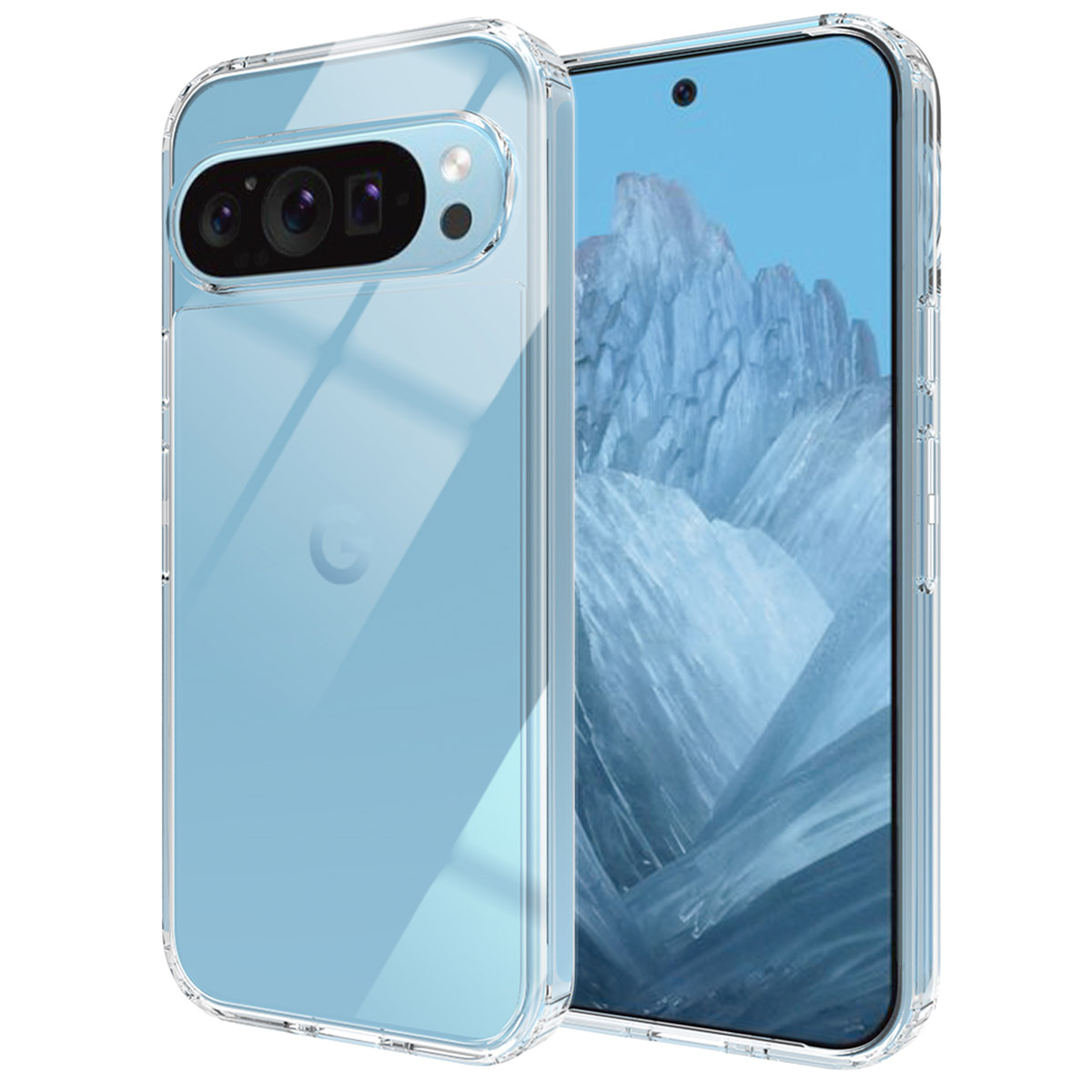 Un smartphone dans un étui transparent. Le téléphone est bleu clair, avec un écran affichant une scène de montagne. L'étui est transparent.