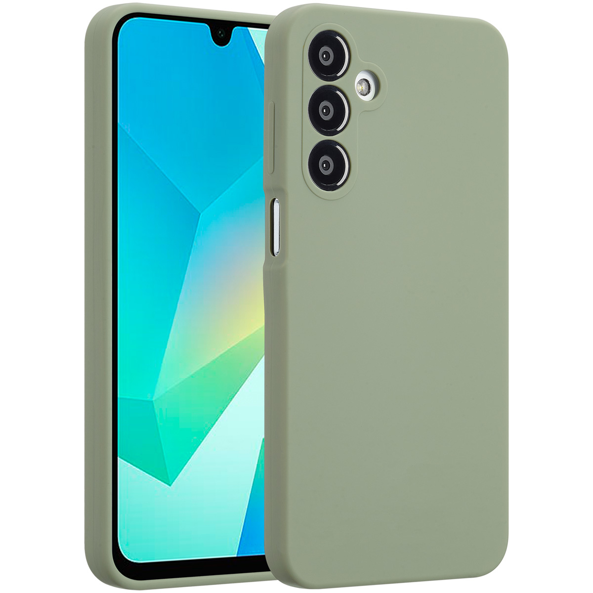 Eine grüne Handyhülle und ein Smartphone. Der Bildschirm des Telefons zeigt ein farbenfrohes abstraktes Bild. Die Hülle hat Kameraausschnitte.