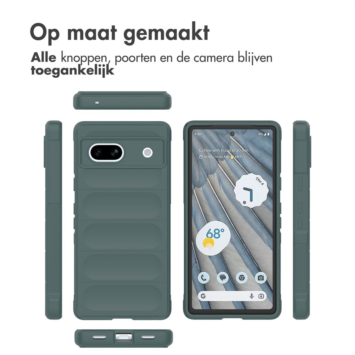 Gezeigt werden eine Handyhülle und ein Handy. Die Hülle ist dunkelgrün, mit einem Telefonbildschirm, der eine Wetter-App zeigt.