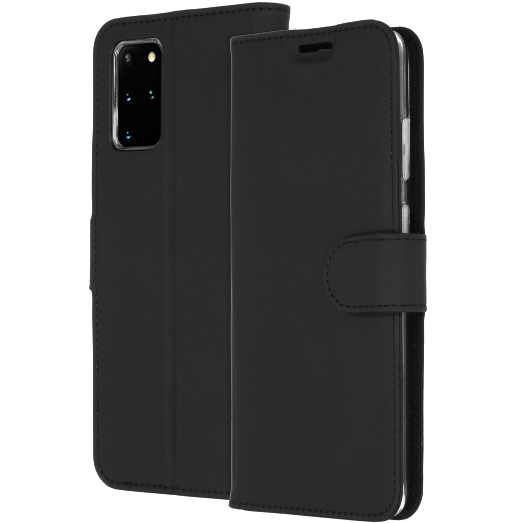 Una custodia nera per telefono è aperta, mostrando il telefono all'interno. Ha una chiusura magnetica. La custodia è su sfondo bianco.