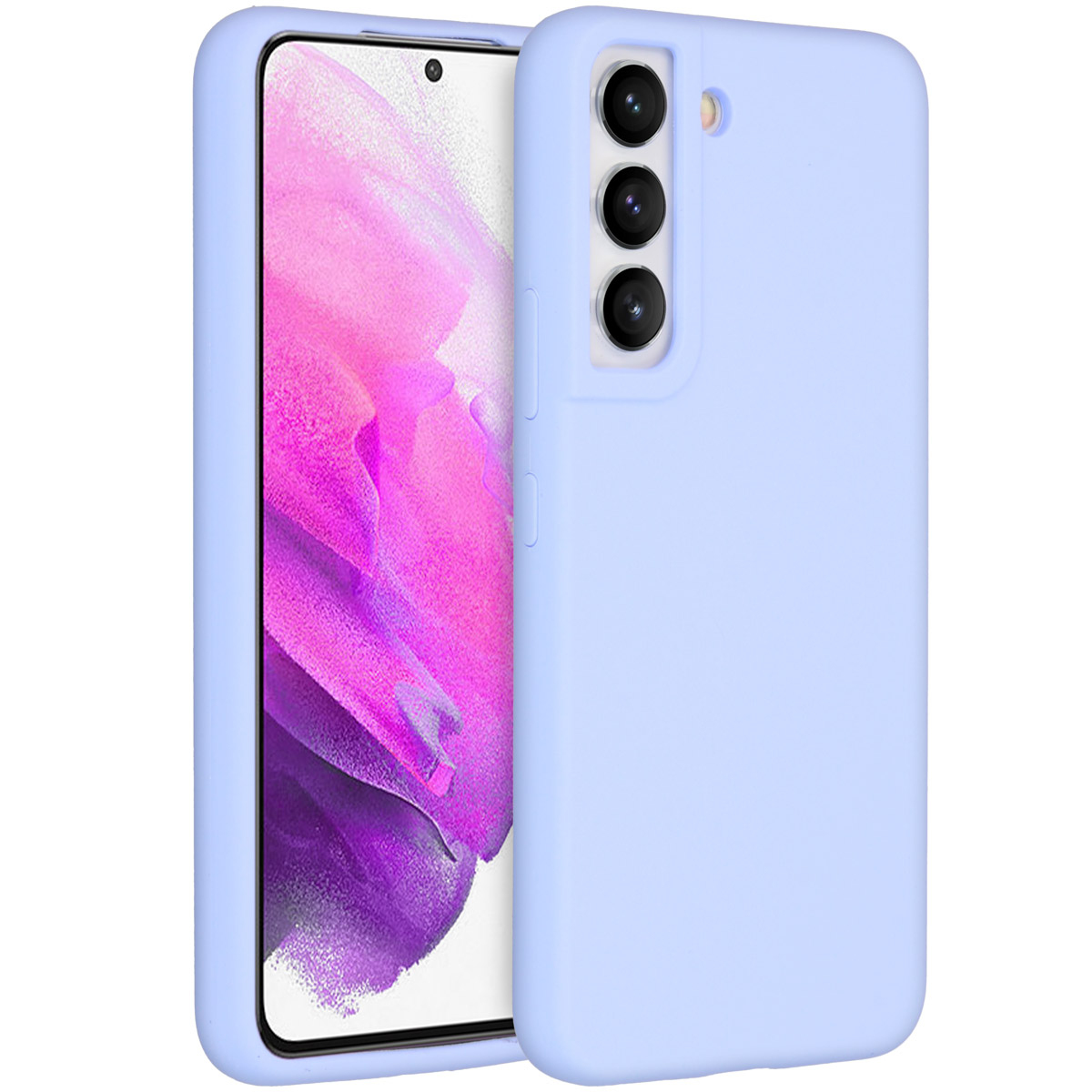 Eine hellblaue Handyhülle neben einem Handy mit rosa-violettem Display. Drei Kameras sind sichtbar.