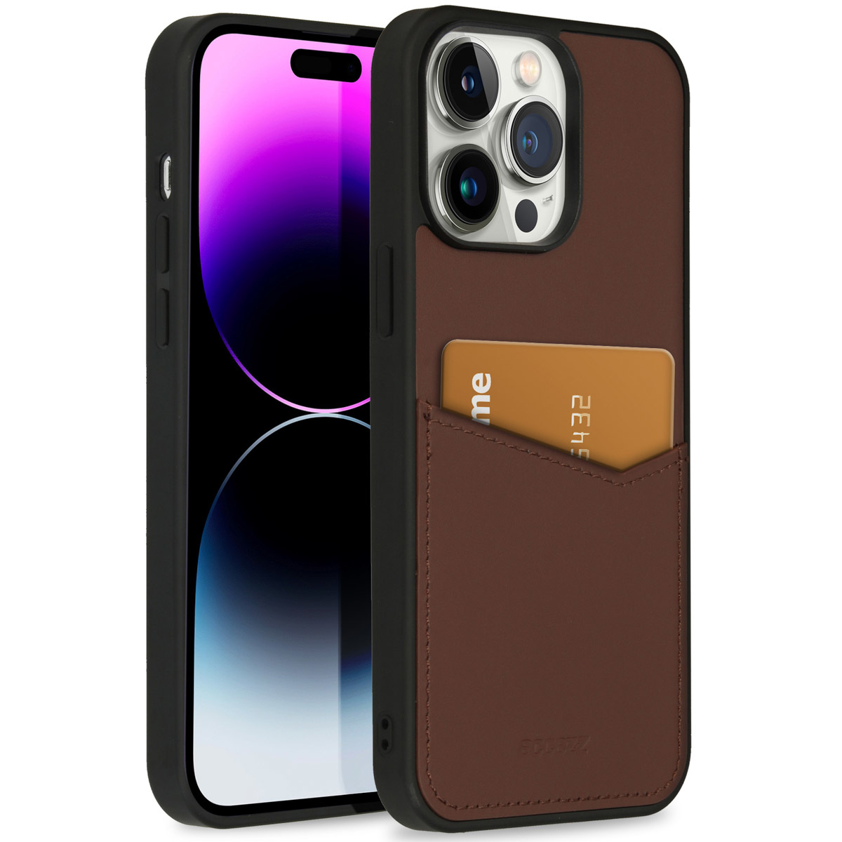 Twee smartphones naast elkaar. Eén toont een scherm, de andere heeft een bruine leren hoes met een kaart. Beide op een witte achtergrond.