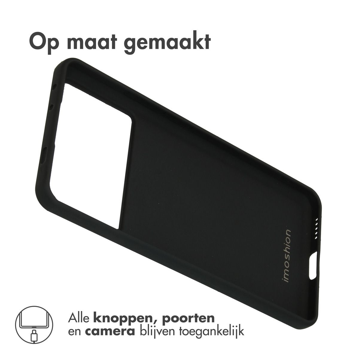 Een zwarte telefoonhoes met de tekst 'Op maat gemaakt'. Tekst eronder luidt 'Alle knoppen, poorten en camera blijven toegankelijk'.