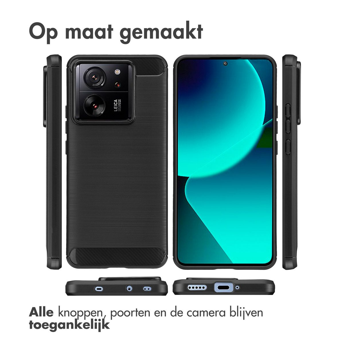 Een telefoon in een zwarte hoes, verschillende weergaven. De hoes past op de telefoonknoppen, poorten en camera. Tekst: 'Op maat gemaakt'.