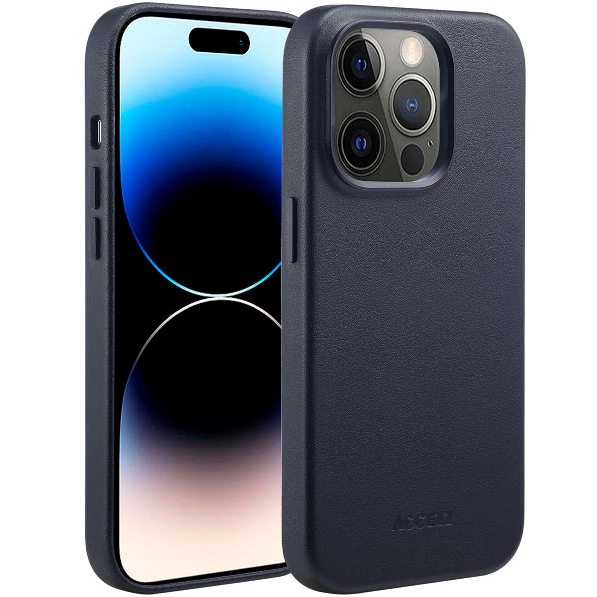 Un étui de téléphone bleu foncé à côté d'un téléphone avec un écran dégradé bleu. L'étui a une surface texturée et protège le téléphone.