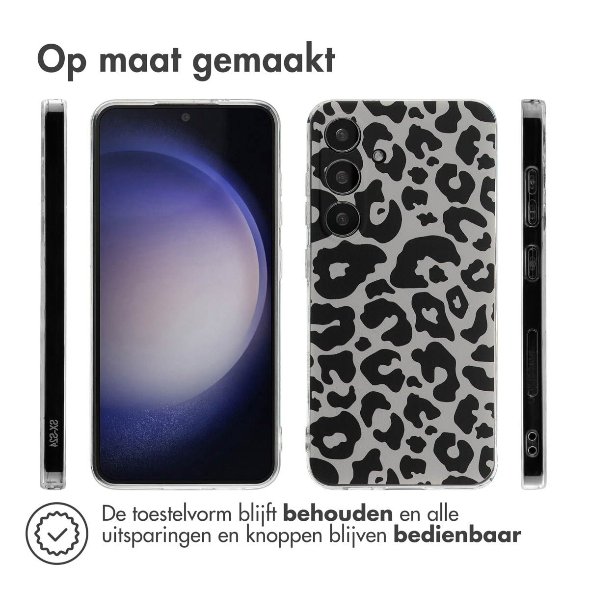 Een telefoon- en hoesjesset. De telefoon zit in een doorzichtige hoes. De hoes heeft een luipaardprint.
