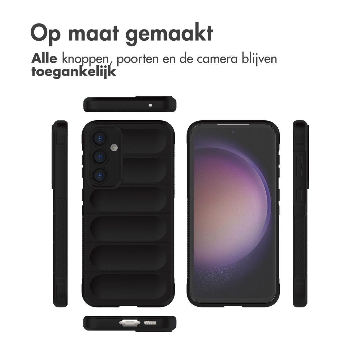 Custodia nera con telefono. Testo: 'Op maat gemaakt' e 'Alle knoppen, poorten en de camera blijven toegankelijk'.