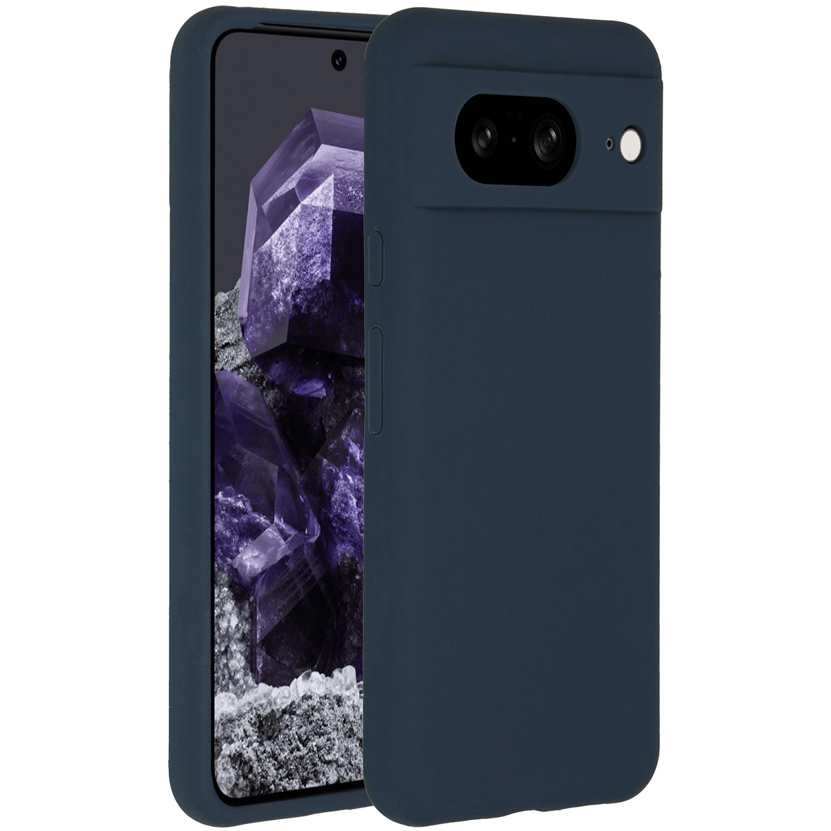Une coque de téléphone bleu foncé à côté d'un téléphone. L'écran du téléphone affiche un cristal violet. La coque a une découpe pour la caméra.