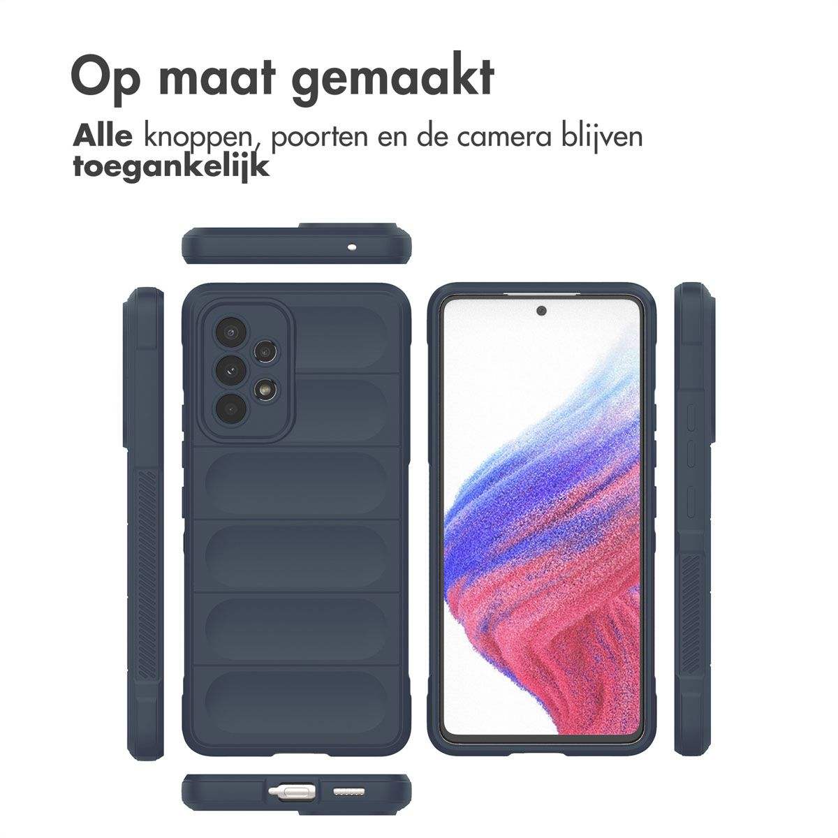 Coque de téléphone bleu marine avec un téléphone à l'intérieur et d'autres parties de la coque autour. Texte néerlandais en haut : « Fait sur mesure ».