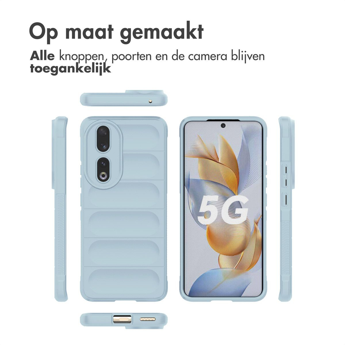 Een lichtblauwe telefoonhoes met de telefoon erin en andere delen van de hoes eromheen. Tekst bovenaan.