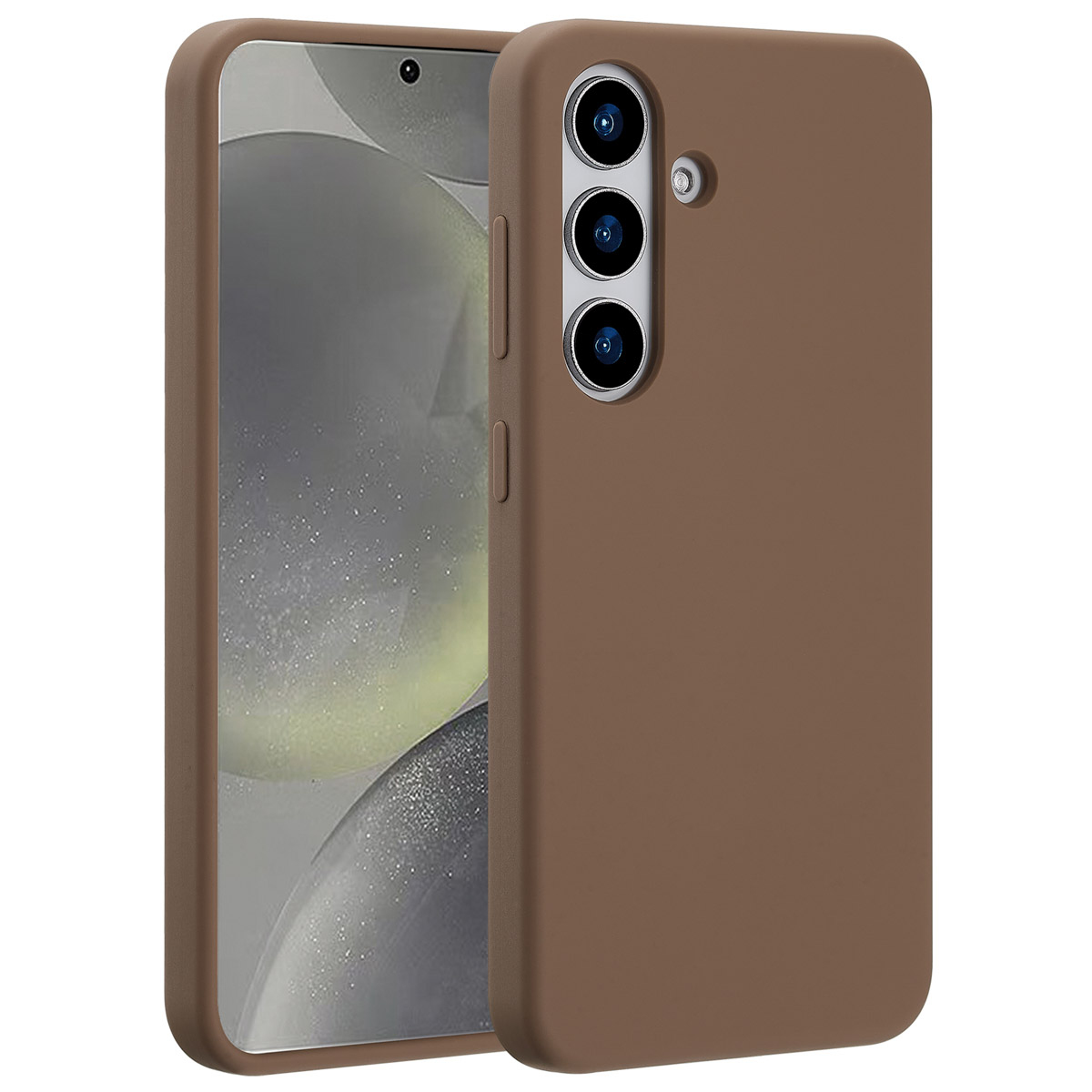 Eine braune Handyhülle mit einem Telefon darin. Die Hülle hat Aussparungen für Kamera und Knöpfe. Der Bildschirm zeigt ein unscharfes Bild.
