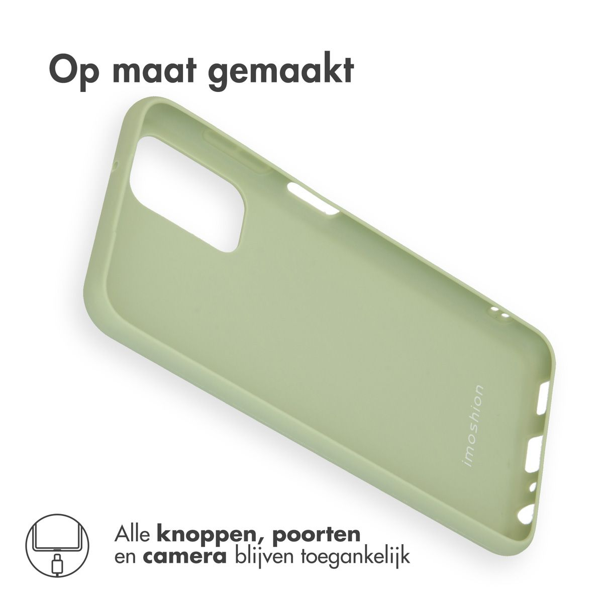 Een lichtgroene telefoonhoes wordt getoond, met de tekst 'Op maat gemaakt' erboven. De hoes heeft het merk 'imoshion'.