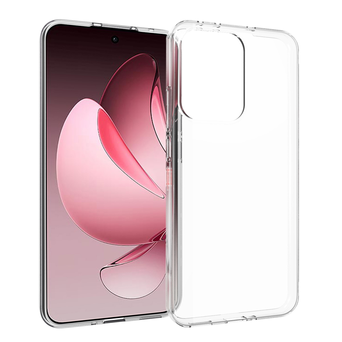Een smartphone met een scherm dat roze en witte abstracte vormen toont, naast een doorzichtige telefoonhoes.
