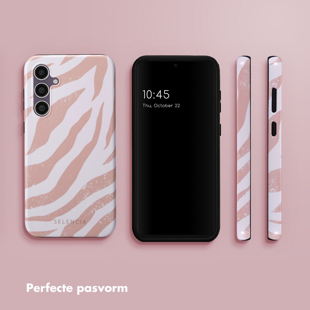 Un téléphone et des étuis avec un motif zébré. Le téléphone affiche l'heure 10:45. Le fond est rose.