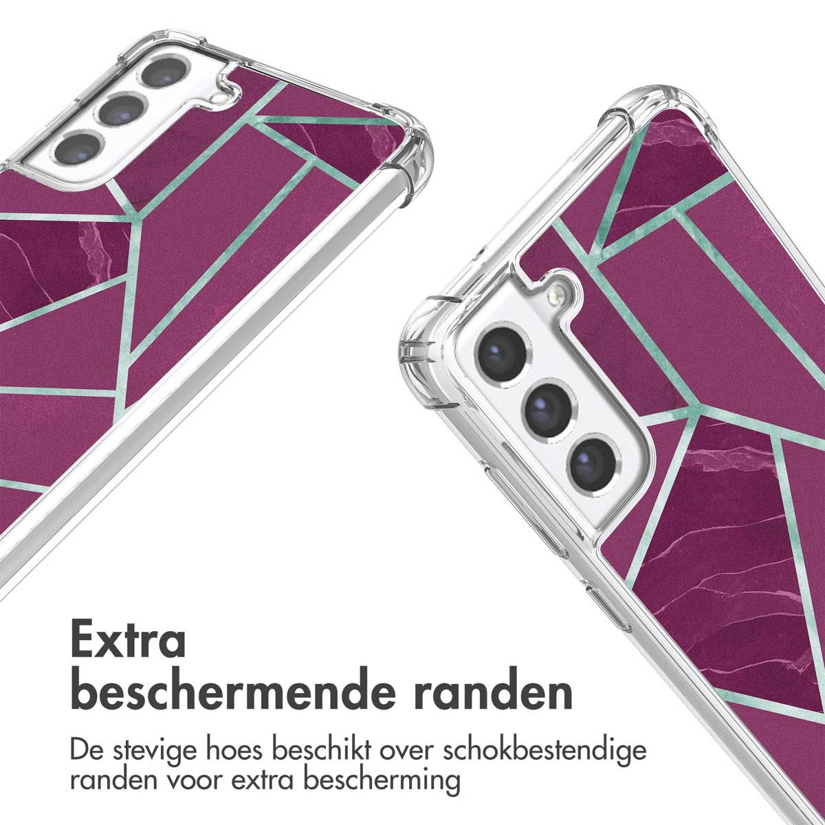Deux coques de téléphone avec des motifs géométriques violets et sarcelle. Texte : Bords protecteurs supplémentaires.