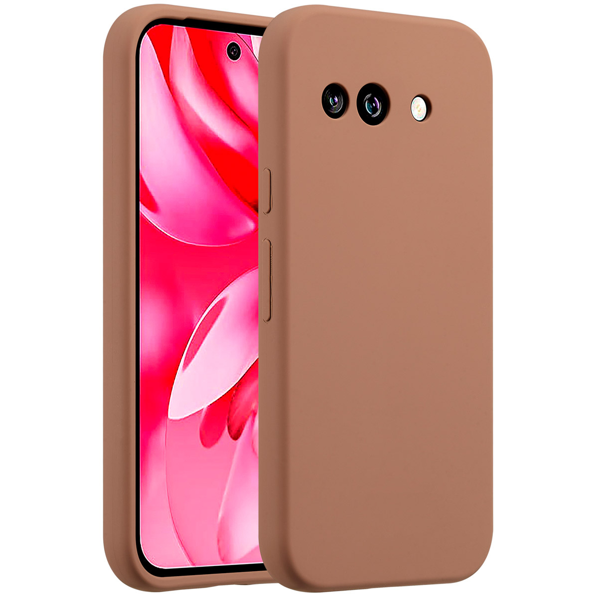 Een bruine telefoonhoes met een telefoon erin. De telefoon heeft een roze scherm en meerdere cameralenzen aan de achterkant.