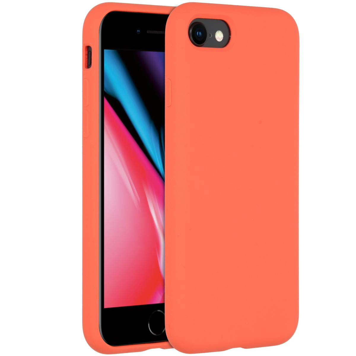 Een oranje telefoonhoesje op een zwarte smartphone. Het scherm toont een kleurrijke achtergrond. De achtergrond is wit.
