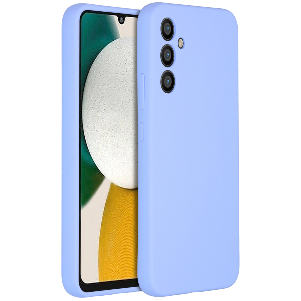 Une coque de téléphone bleu clair avec un téléphone à l'intérieur. Le téléphone a un écran noir et une caméra frontale. La coque a trois caméras arrière.