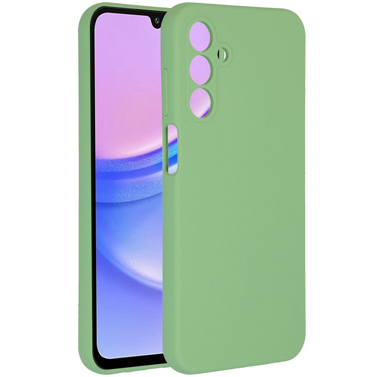 Een groene telefoonhoes naast een smartphone met een lichtpaars scherm. De hoes heeft uitsparingen voor de camera en volumeknoppen.