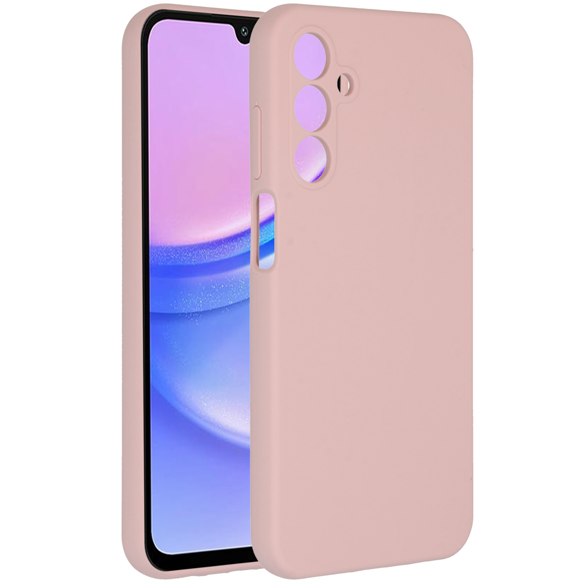 Een roze telefoon met een hoesje wordt weergegeven. De telefoon is grotendeels bedekt door de hoes. Het scherm is zichtbaar.