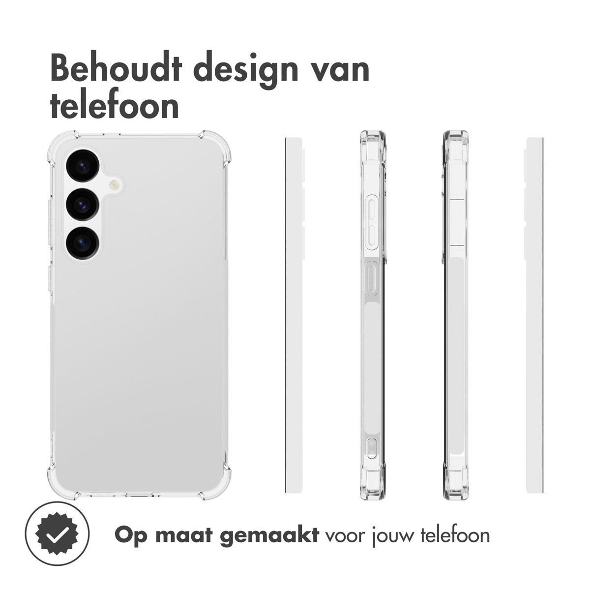 Een telefoon en beschermhoezen worden in verschillende aanzichten getoond. Tekst zegt 'Behoudt het telefoonontwerp' en 'Op maat gemaakt voor je telefoon'.
