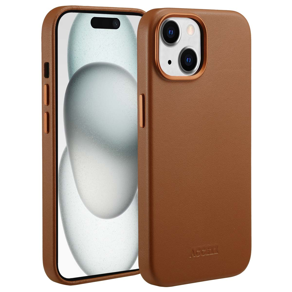 Twee bruine leren telefoonhoesjes. Eén houdt een telefoon vast met een scherm met een abstract ontwerp. De andere hoes is los.