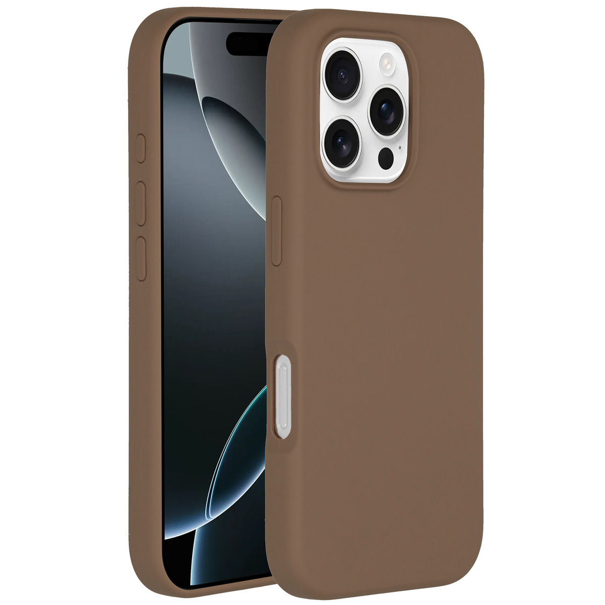 Een bruine telefoonhoes met een telefoon erin. De hoes heeft uitsparingen voor de camera en knoppen. Het telefoonscherm is zwart.
