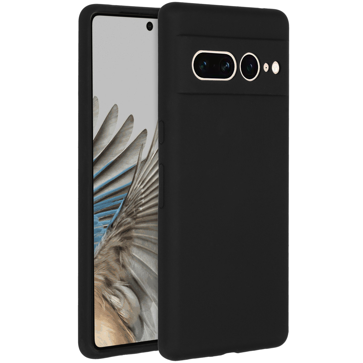Una custodia nera per telefono con un telefono all'interno. Lo schermo del telefono mostra un motivo a forma di piuma. La custodia ha ritagli per la fotocamera.