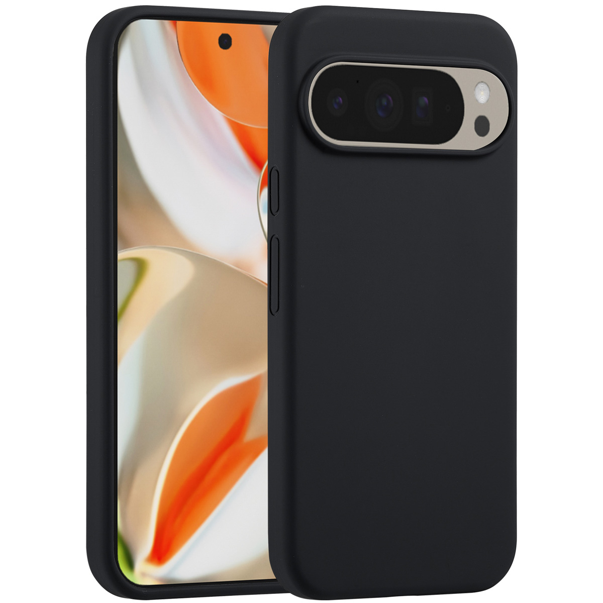 Coque de téléphone noire avec un téléphone à l'intérieur. Le téléphone a un écran avec des couleurs orange et blanc. La coque a une découpe caméra.