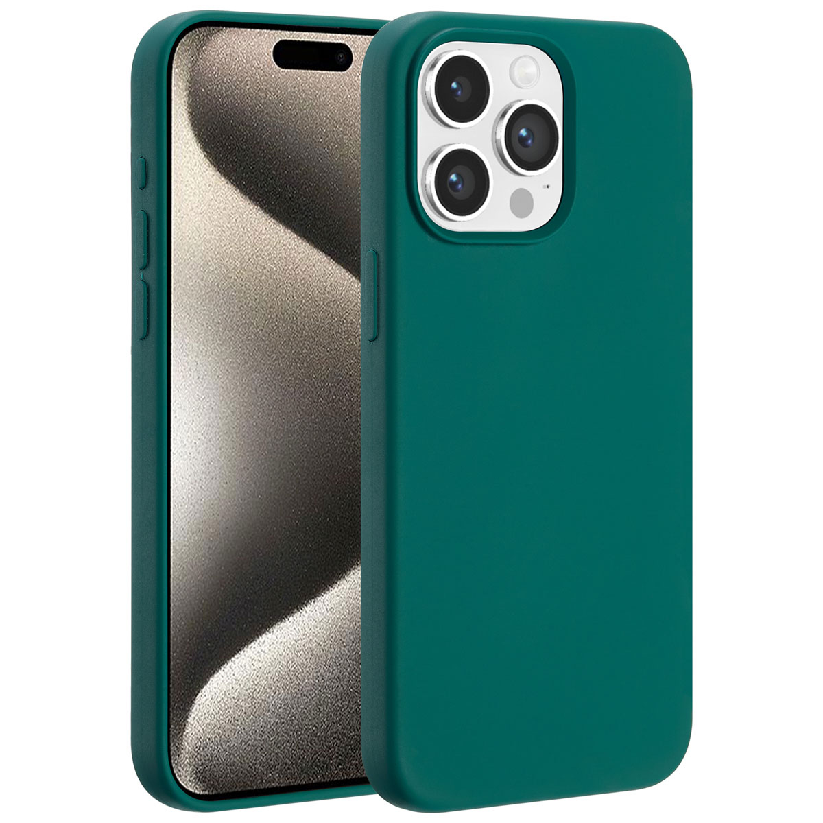 Twee groene telefoonhoesjes, één met een telefoon erin. De hoesjes hebben uitsparingen voor de camera en knopafdekkingen. De achtergrond is wit.